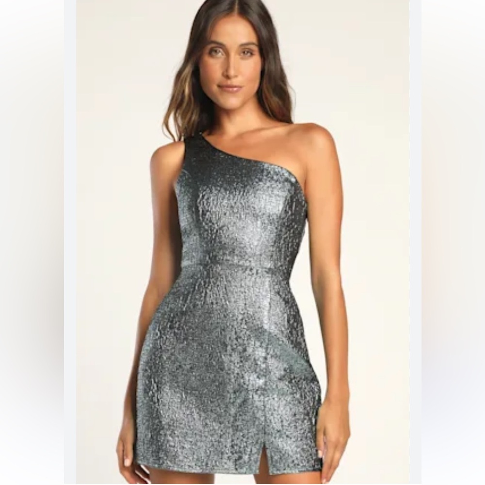 NWT Modern Dream Teal Metallic Jacquard One-Shoulder Mini Dress